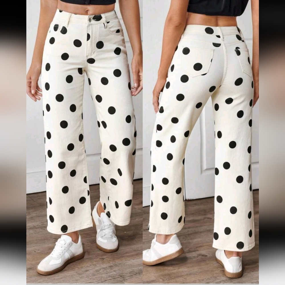 Women's Color-Block Polka Dot Print Straight Leg Jeans